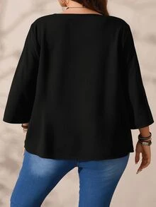 EMERY ROSE Plus Size Women's Autumn/Winter Casual Black Solid Color Round Neck Loose Fit 3/4 Sleeve Blouse - Black - View 4
