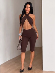 SHEIN ICON 女款純色掛脖綁帶性感休閒連身短褲 - 棕色 - 查看 6