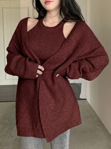 DAZY 2件組女款純色細肩帶背心開襟針織衫套裝，秋季 - 酒紅色 - 查看 7