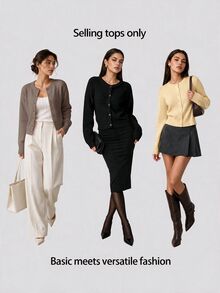 SHEIN BASICS 女款復古休閒純色單排扣長袖針織開襟衫 辦公日常校園商務 橄欖綠 秋季 - 駝色 - 查看 9