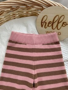 SHEIN Baby Girl Casual Comfortable Daily Versatile Cute Knitted Striped Autumn Top And Pants 2-Piece Set - Pink - View 6