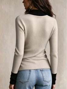 LUMIGAL Winter Women's Contrast Color Notch V-Neck Long Sleeve Side Waist Button Design Casual T-Shirt - Khaki - View 2
