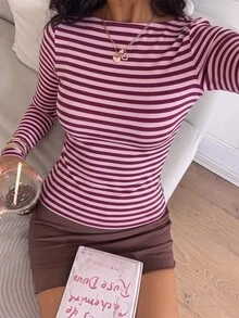CovetEZ 女款極簡條紋拼接長袖T恤街頭風 - 彩色 - 查看 5