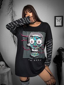 Whyspr Rick and Morty X SHEIN Black Pixel Robot Print 2 In 1 T-Shirt Dress, Cyber Y2K Street Goth Style, Spring Autumn, Halloween Comic-Con Daily Wear Fall - Black - View 3