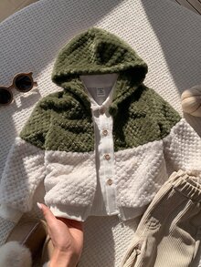 SHEIN 中性嬰兒男/女嬰秋季/冬季保暖內裡加厚拼色拼接連帽夾克，嬰兒男童秋冬裝，復古風 - 彩色 - 查看 1
