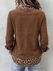 Zayélia Women V Neck Long Sleeve T-Shirt, Leopard Print Patchwork Fake Two Pieces Ribbed Casual Top For Middle Aged - Multicolor - View 2