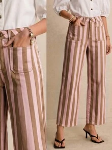 Poéselle Women's Fashion Button Pocket Striped Colorblock Jeans - Multicolor - View 2