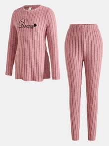 Tween Girl Tween Girl Casual Drop Shoulder Dream Ribbed Letter Embroidery Knit Pullover And Leggings, Pink Set, Autumn Winter Christmas - Pink - View 6
