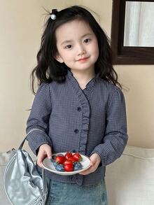 Dazy Kids Young Girl Sweet Ruffle Trim Button Long Sleeve Blouse - Blue - View 2