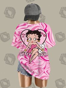 Betty Boop x SHEIN Plus Size Women's Letter & Cartoon Print Casual Daily Short Sleeve T-Shirt - White - View 3