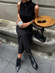 DAZY Women's Solid Color High Neck Sleeveless Fitted Fashion Knit Dress - Black - View 6