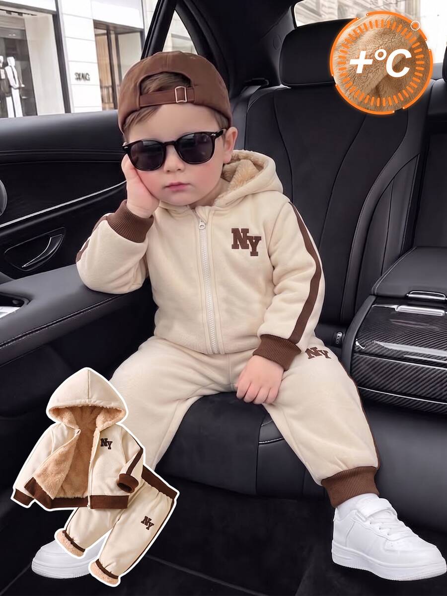 SHEIN Playful Pals BOY'S CHILDREN'S HOODED JACKET WITH MATCHING CASUAL PANTS IN THE SAME COLOR, FASHIONABLE AND VERSATILE, SUITABLE FOR AUTUMN AND WINTER WEARING - Apricot - View 1