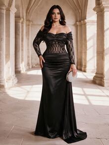 Coutiva Plus Size Women Off-Shoulder Lace Elegant Cinched Waist Formal Evening Gown Dress - Black - View 5