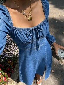 Serisse Women's Front Tie Long Sleeve Side Slit Hem Casual Denim Dress - Blue - View 8