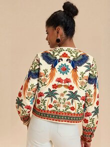 Travachic 女款花卉印花休閒波西米亞復古百搭日常旅行夾克，黑色，秋季 - 彩色 - 查看 5