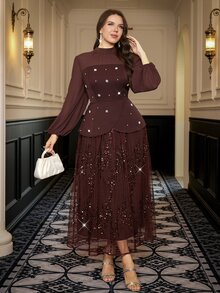 Reflora فستان أنيق للنساء بمقاسات كبيرة مع ياقة واقفة وأكمام طويلة وحافة مزينة بالترتر بتصميم مرقع - بني - مشاهدة 7