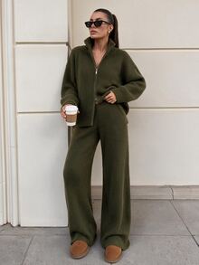 Lavishia Women's Collared Autumn/Winter Long Sleeve Zipper Front Knit Cardigan And Knit Pants 2 Pieces Set,Two Pieces Autumn Sweater Set - Army Green - View 1