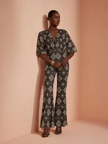 JIAN LASALA Mesh V Neck Overlapped Bishop Sleeve Long Jumpsuit Casual Vacation Holiday - Multicolor - View 6