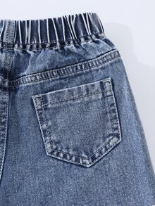 SHEIN Genkimix Kids 女童愛心刺繡寬腿牛仔褲，鬆緊腰休閒牛仔長褲，可愛甜美嬰幼兒女童款 - 淺色水洗藍 - 查看 6