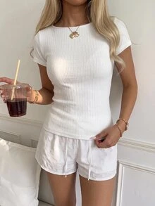 Tseoso Casual Minimalist Sexy 95% Knit Striped Jacquard Short Sleeve T-Shirt, Suitable For Spring And Summer, Spring And Summer Clothing Matching - Apricot - View 3