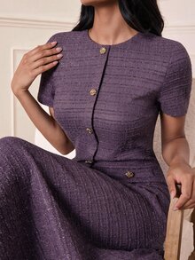 Lilora 女款百搭時尚鈕扣短袖洋裝，深紫色優雅夏季款，適合度假、派對、辦公室與茶會 - 紫色 - 查看 7