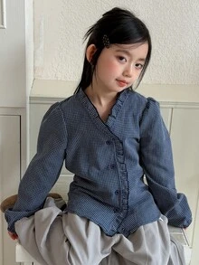 Dazy Kids Tween Girl Plaid Ruffle Trim Button-Up Shirt - Blue - View 3