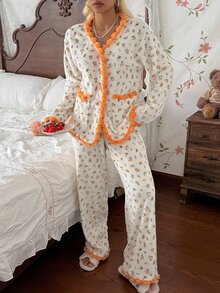 CottageSlumber Women's Autumn/Winter Flannel Ditsy Floral Long Sleeve & Long Pants Pajama Set, Home Wear - Yellow - View 6