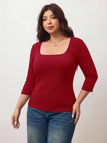 Enliva 大尺碼女款高彈性修身方領 3/4 袖 T-shirt 親膚秋季上衣，適合蘋果型與圓潤身型，假日秋季穿搭 - 酒紅色 - 查看 3