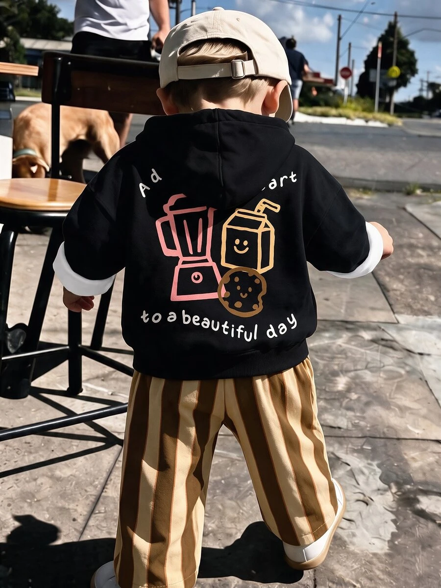 小男孩休閒極簡寬鬆運動連帽衫與直筒長褲2件套,長袖,適合秋冬,經典可愛手繪圖案印花、文字圖案印花、背面圖案印花 - 彩色 - 查看 1