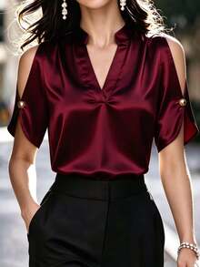 INAWLY Spring/Summer Short Sleeve Polka Dot Cold Shoulder Elegant Fashion Top - Burgundy - View 6