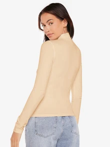 SHEIN BASICS 女款白色素色長袖高領羅紋針織修身T恤上衣，辦公室秋季基礎休閒款 - 卡其色 - 查看 2