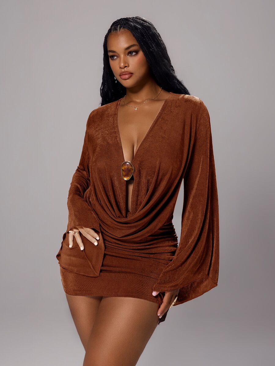 Rustia Plus Size Fashionable Cowl Neck Ruched Bodycon Sexy Elastic Dress Fall - Rust Brown - View 1