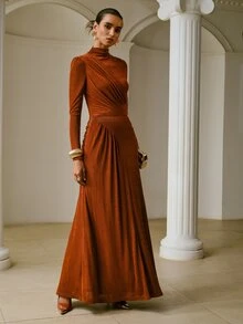 ZEYLAH Women's Solid Color Pleated Casual Versatile Daily Skirt - Rust Brown - View 1