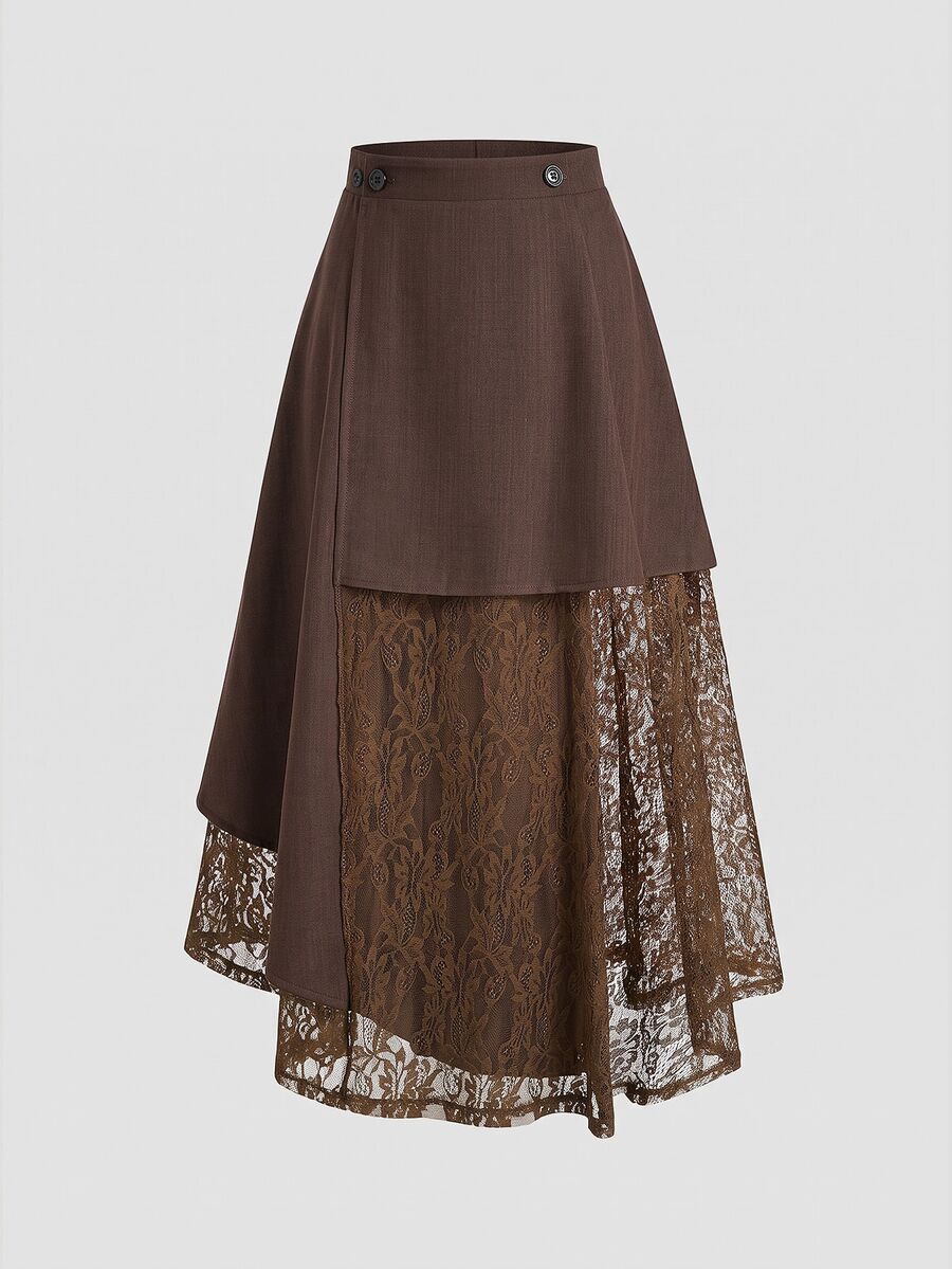 Sweetra Rok Kasual Serbaguna Ukuran Besar dengan Motif Renda untuk Pemakaian Sehari-hari di Musim Gugur - Coklat - View 1