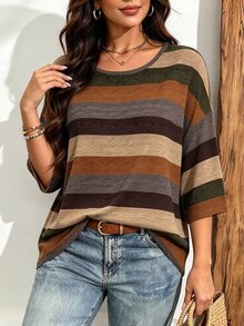 SHEIN LUNE 大尺碼女款休閒復古條紋印花落肩T恤 - 彩色 - 查看 3