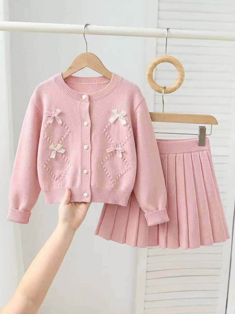 SHEIN 8-12 Years Old Girls Sweet Style 2 Pieces Set, Bow Decor Diamond Check Cardigan Sweater Jacket With Pleated Skirt, Spring/Autumn Daily Wear, Birthday Party, Outing Girls Knit Set - Pink - View 1