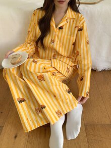 DAZY Women's Cartoon Animal Striped Single-Breasted Top And Long Pants Pajama Set - Yellow - View 10