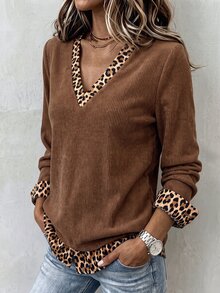 Zayélia Women V Neck Long Sleeve T-Shirt, Leopard Print Patchwork Fake Two Pieces Ribbed Casual Top For Middle Aged - Multicolor - View 6