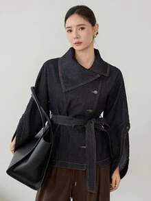 Dazy-Less Autumn Cotton Black Turn-Down Collar Button Pocket Decor Washed Loose Long Sleeve Short Denim Jacket Coat For Women - Black - View 1