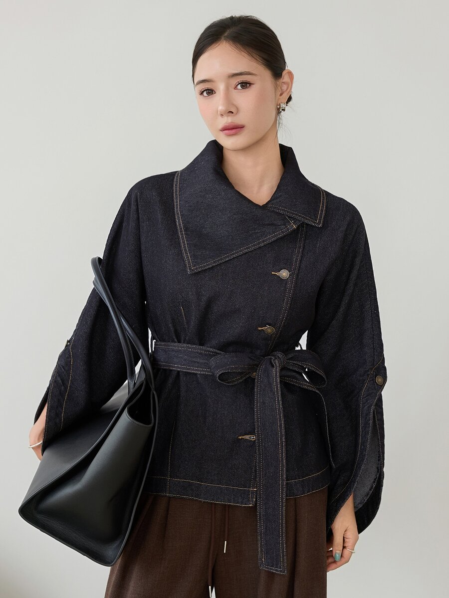 Dazy-Less Autumn Cotton Black Turn-Down Collar Button Pocket Decor Washed Loose Long Sleeve Short Denim Jacket Coat For Women - Black - View 1