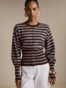 Poéselle Women New Retro Color‑Block Striped Single‑Breasted Knit Cardigan, Cozy Casual Versatile Staple For Back‑To‑School Daily Street Commute Office Outfit - Brown - View 7