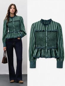 Nöista Women's Striped Pleated Casual Daily Wear Blouse - Dark Green - View 1