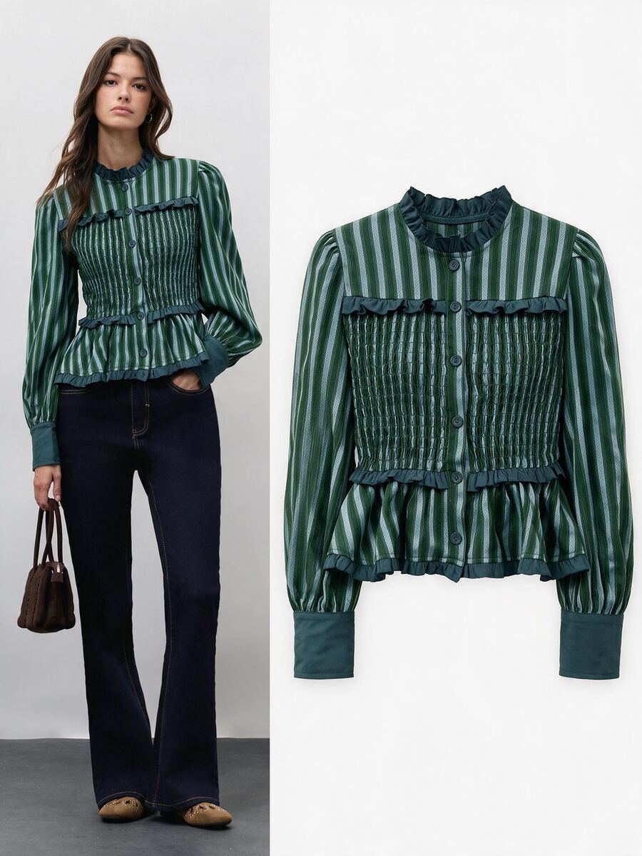 Nöista Women's Striped Pleated Casual Daily Wear Blouse - Dark Green - View 1