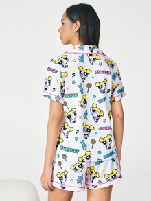 THE POWERPUFF GIRLS X SHEIN Women's Cartoon Print Button-Up Top And Shorts Pajama Set - White - View 2