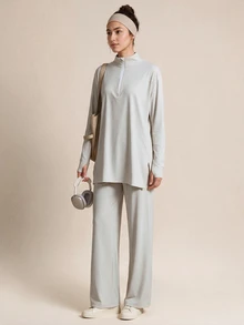 SHEIN With My Calm Women's Solid Color Stand Collar Casual Daily Travel Sports T-Shirt - Light Grey - View 6