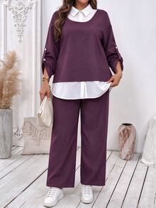 SHEIN EMERY ROSE CURVE 大尺碼女款秋季對比色長袖襯衫與長褲兩件套女裝 - 紫羅蘭色 - 查看 3