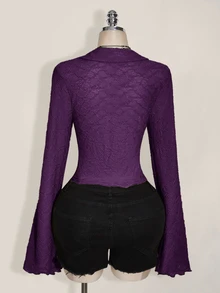 SHEIN ICON ICON PLUS 生菜邊飾不對稱下擺透視上衣 無內衣設計 大尺碼女式襯衫-1891，Y2k/秋季/冬季 - 紫色 - 查看 2