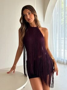 Aloruh Women's Purple Party Halter Neck Tank Top With Tassels, Autumn/Winter - Army Green - View 1