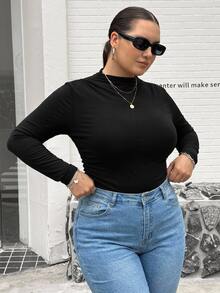 SHEIN CURVE+ Plus Size 22W Mock Neck Ruched Slim Fit Tee Fall - Black - View 8