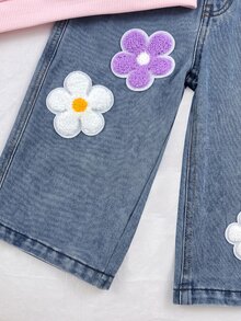 SHEIN 女童粉色條紋長袖運動衫配花朵裝飾與牛仔褲休閒兩件套 - 彩色 - 查看 4